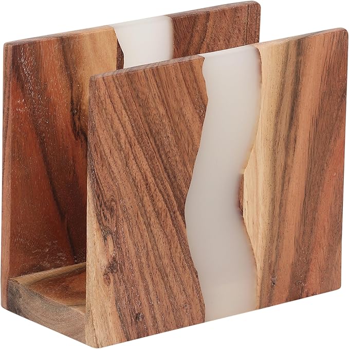 Acacia wood & Transparent Epoxy resin Napkin holder for table, Rustic farmhouse napkin organisation for kitchen, dining, counter tops, restaurant or outdoors | 6x5x2.5 inches|(Cloudy White)