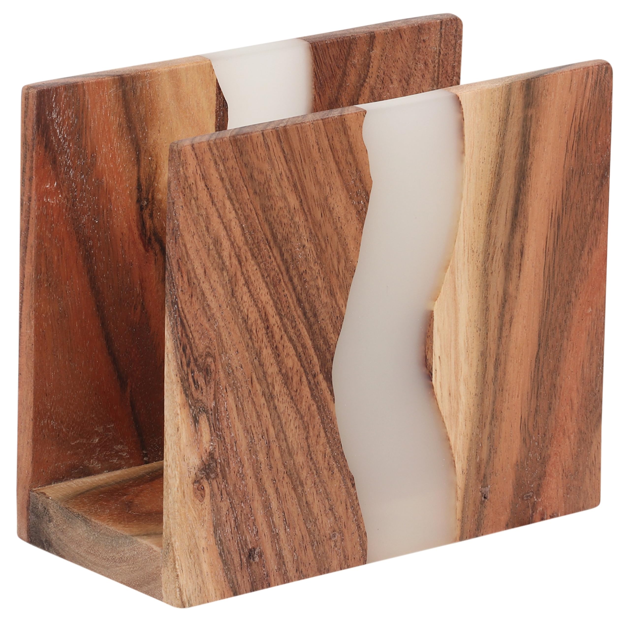 Acacia wood & Transparent Epoxy resin Napkin holder for table, Rustic farmhouse napkin organisation for kitchen, dining, counter tops, restaurant or outdoors | 6x5x2.5 inches|(Cloudy White)
