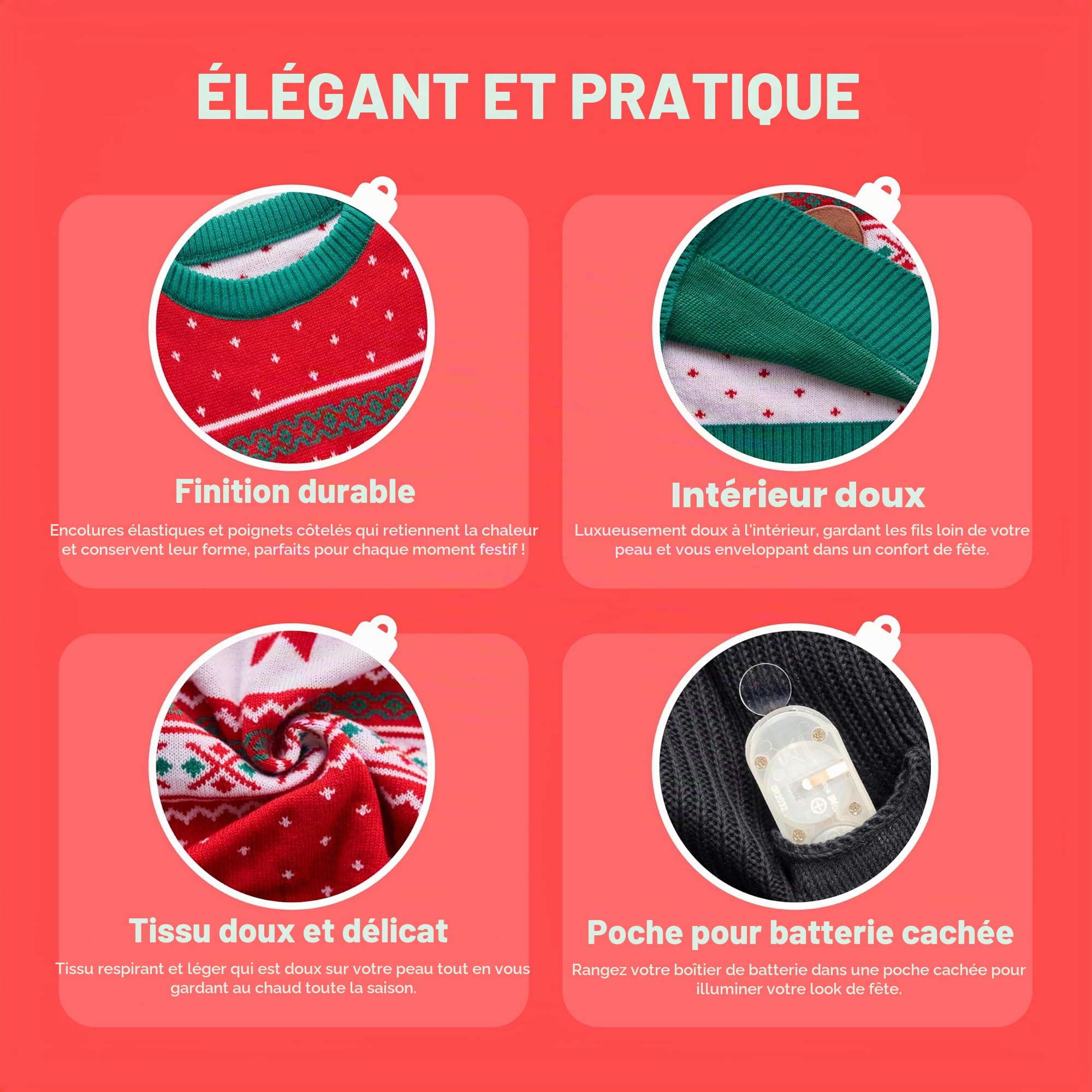 Giggling Getup Pull de Noël moche pour enfants, pull de Noël moche avec éclairage LED, motif renne de Noël moche pour enfants