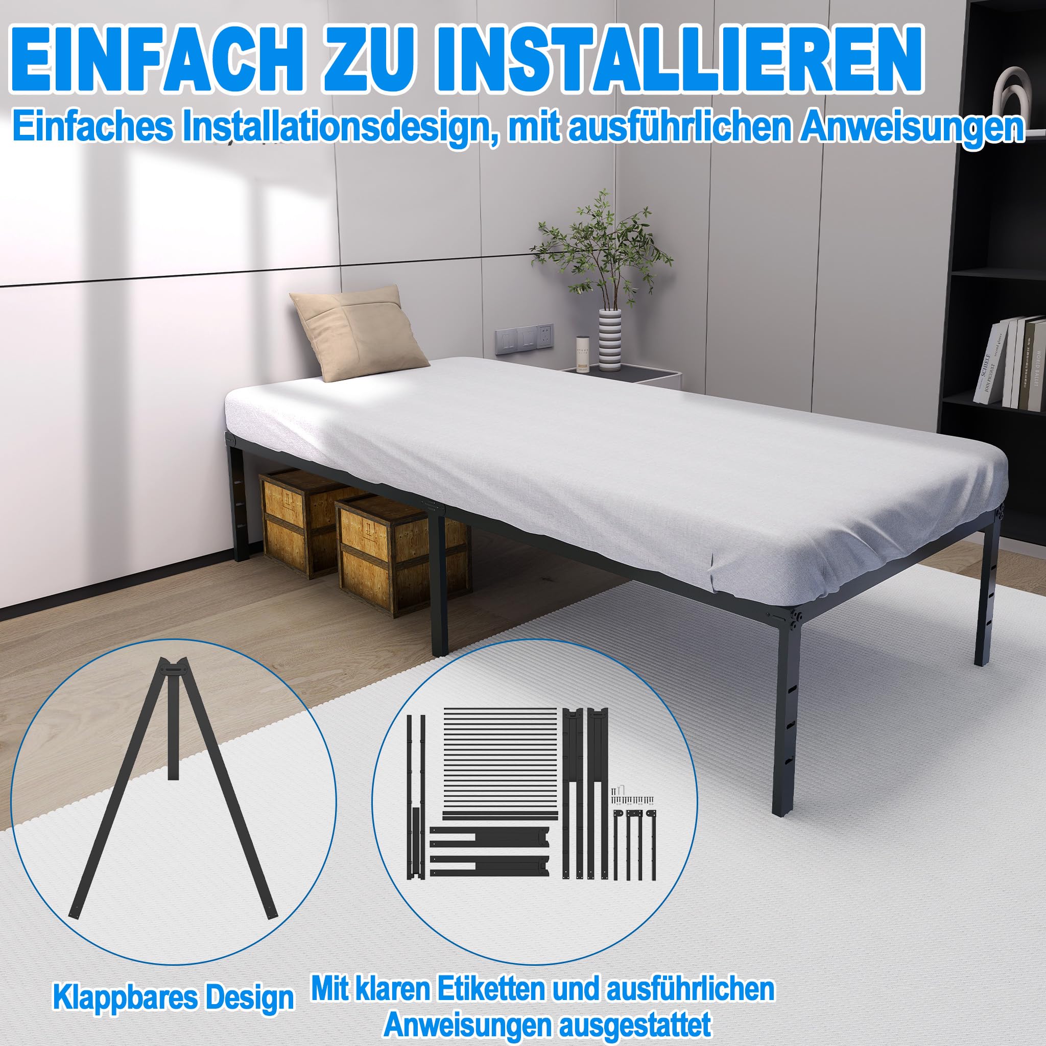 UISEBRT Bettrahmen 90 x 200 cm Metallbett Bettgestell Plattformbett aus Metall Einzelbetten mit 41.5cm Höhe Stauraum unter dem Bett - Maximale Tragfähigkeit 160 kg
