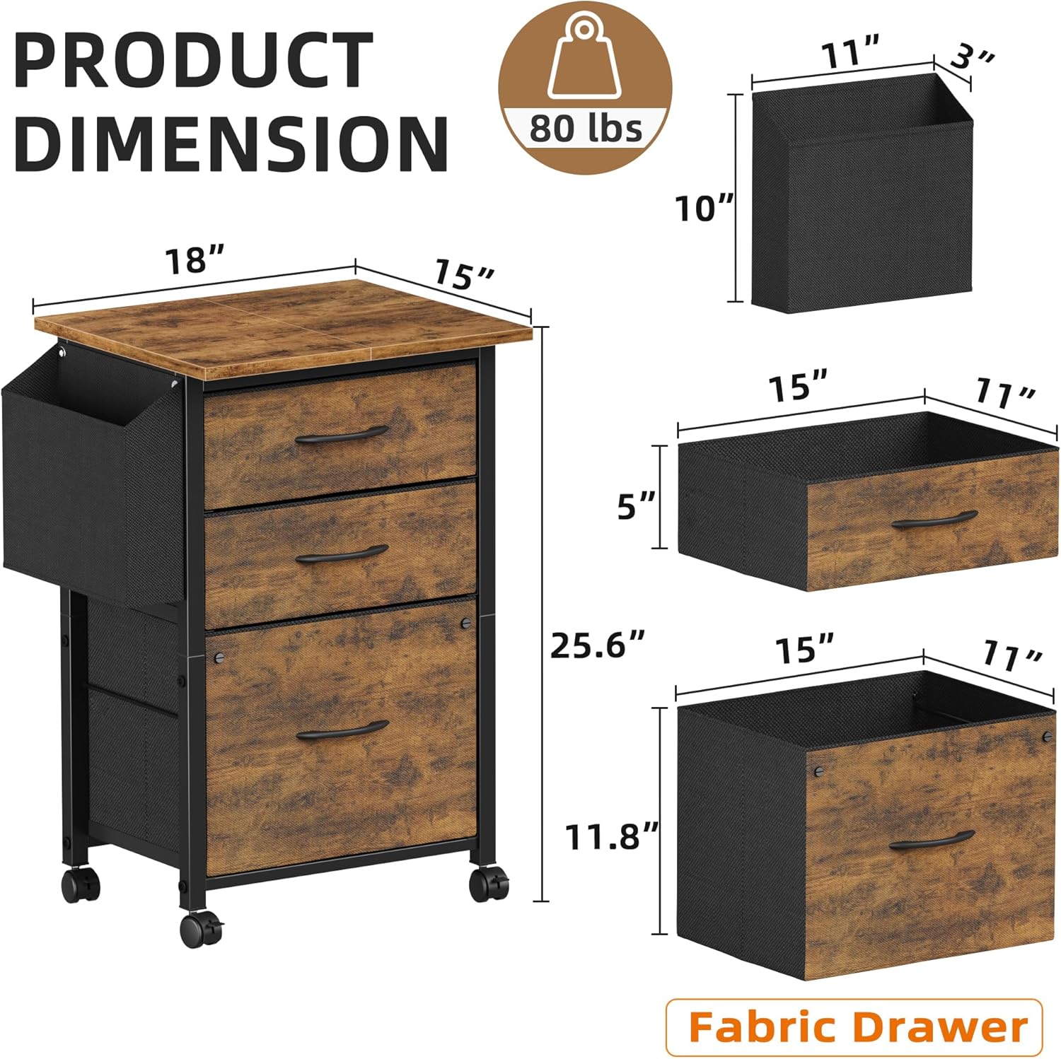 GYIIYUO 3 Fabric Drawer File Cabinet with 18'' Extended Board, Mobile Filing Cabinet Fits A4/Letter Size Files, Rolling Printer Stand with Storage Bag, File Cabinet Home Office, Rustic Brown