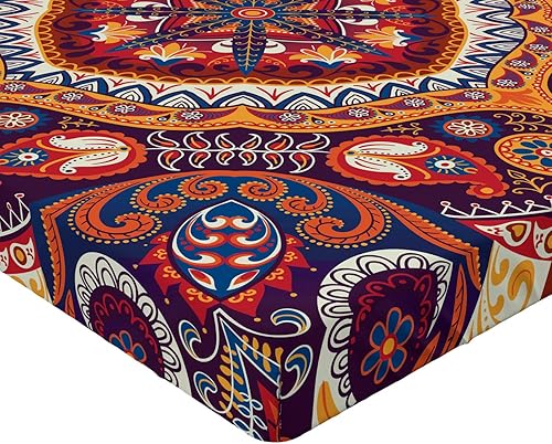 Miniatura 4 de Ambesonne Sábana bajera ajustable de cachemira, diseño inspirado en el patrón de alfombra ornamental con flores y hojas, funda de cama con bolsillo