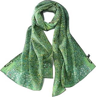 Long Crepe Silk Scarf Classic Art Print, Green Floral, 61