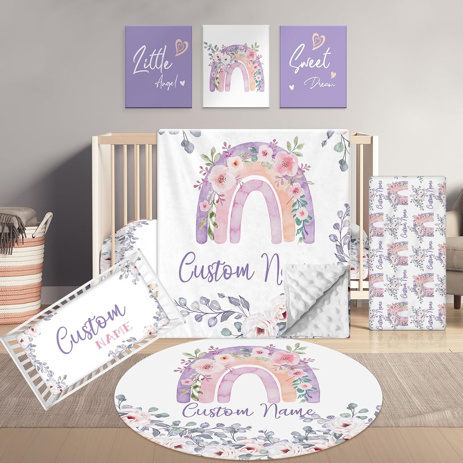 Personalized Baby Crib Set, 5 Pcs Custom Name Bedding for Girls Boys - Nursery Crib Sets, Soft Toddler Sets for Infant Customized Gifts, Purple Rainbow