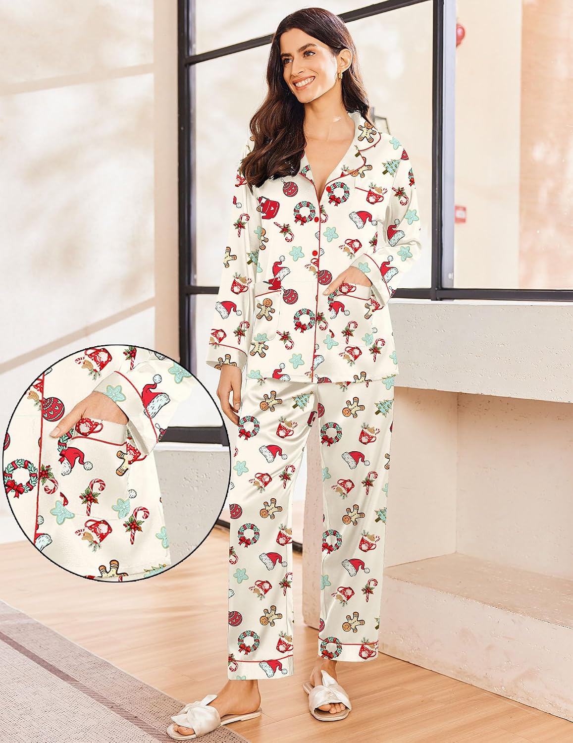 Ekouaer Pajamas for Women Silk Satin Button Down Long Sleeve Pajama Sets image 4