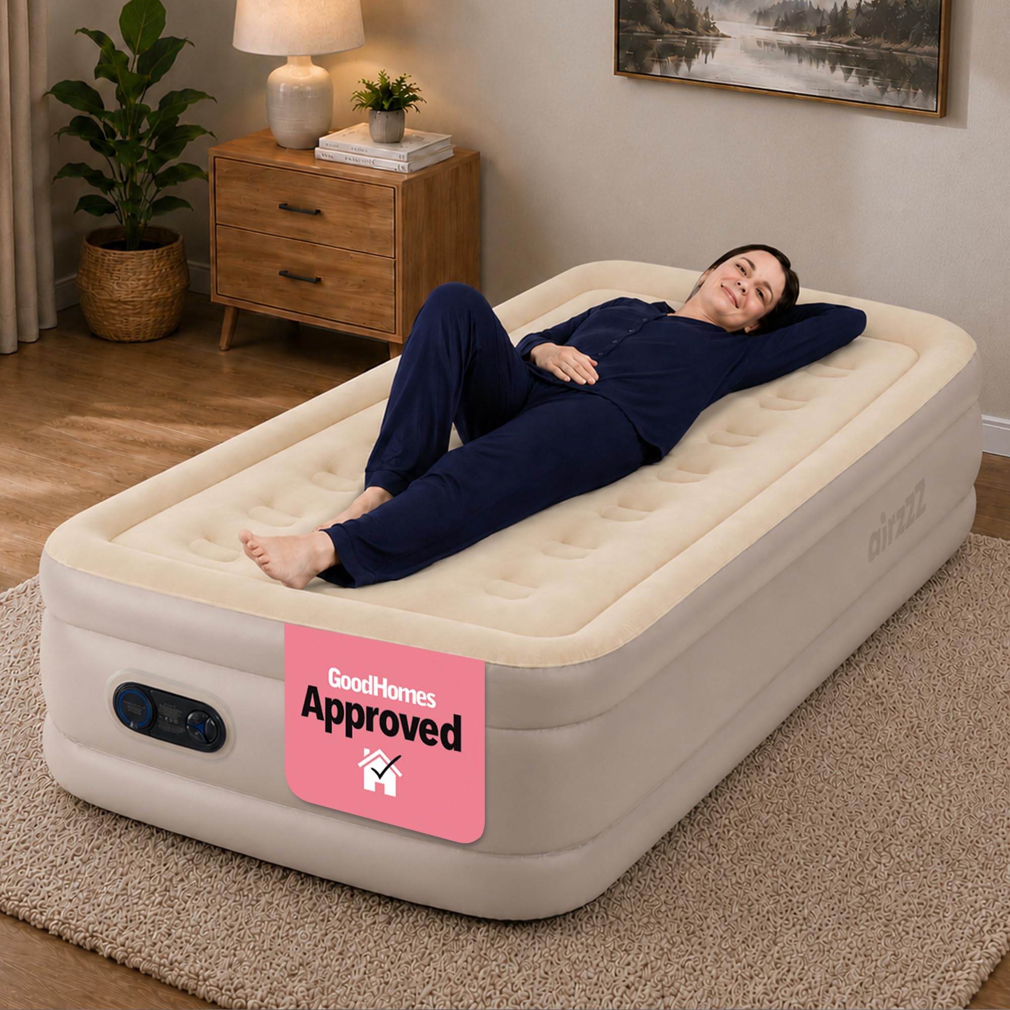 airzzZ SlumberPlus Single Airbed with Built-In Pump - Inflatable Mattress Blow Up Bed - Quick Self Inflation & Deflation Blow Up Mattress - Air Mattress for Home and Camping with Carry Bag (Beige)