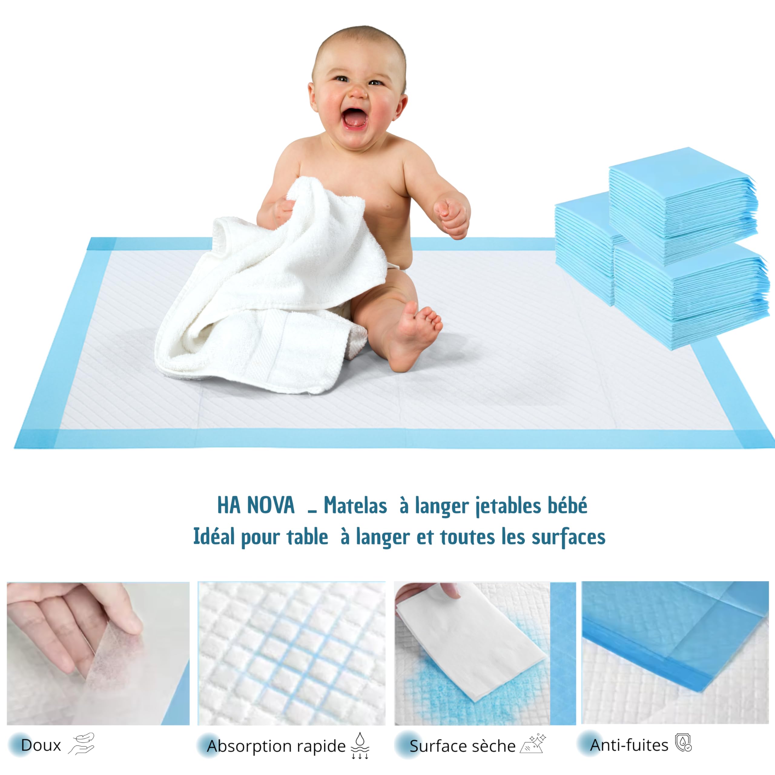 HA NOVA – Alèses jetables bébé 45x60 cm, matelas à langer bébé, Lot de 50 – Ultra absorbantes, imperméables et hypoallergéniques – Protection lit bébé, table à langer et poussette