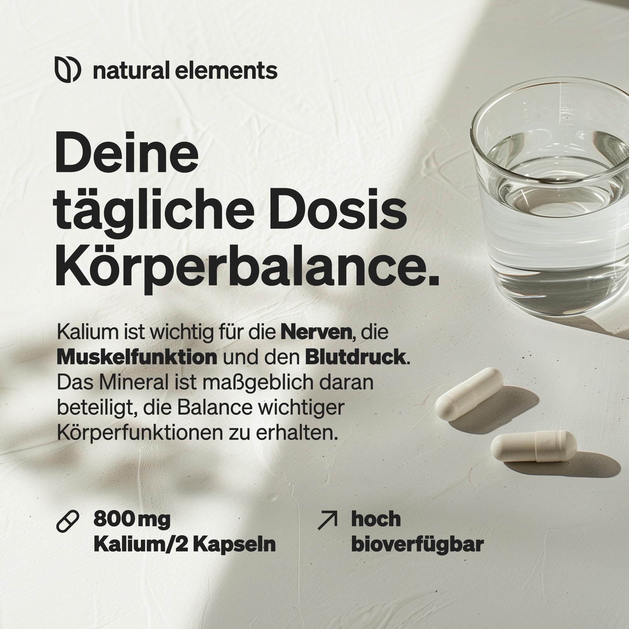 natural elements Kalium – 240 Kapseln mit 800 mg elementarem Kalium (aus Kaliumcitrat) pro Tagesdosis – für Blutdruck, Muskelfunktion & Nervensystem – vegan, hochdosiert, ohne Zusätze