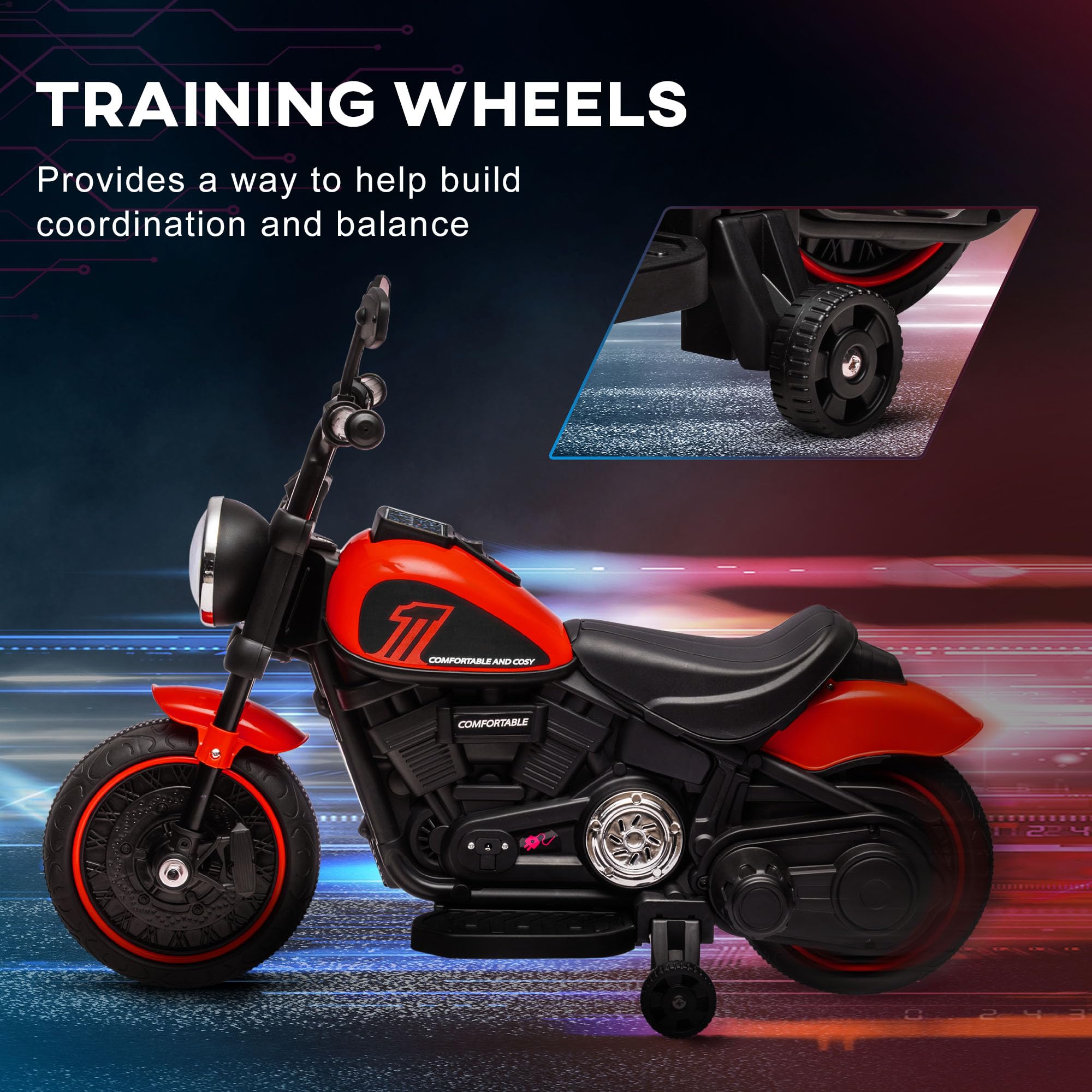 HOMCOM Moto Eléctrica Infantil 18-36 Meses | Roja Con Faro Y Ruedas Laterales | Velocidad Segura 3 Km/H