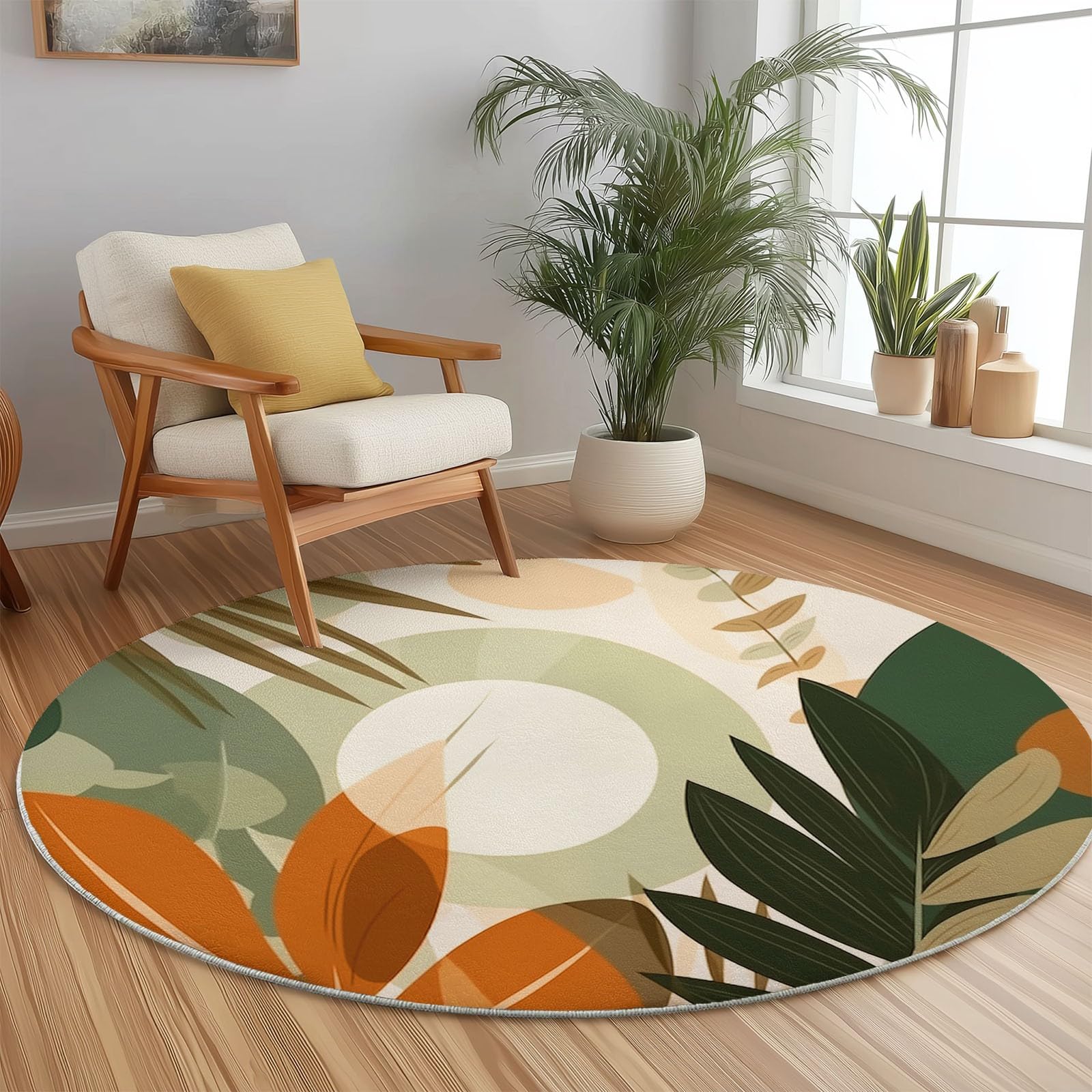 Tapis rond abstrait 120 cm vert foncé marron feuille tapis de chevet