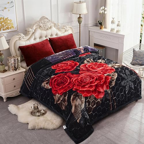 JML Korean Mink Blanket King Size (85" x 95", 10 lbs) -2 Ply Reversible Printed Soft Thick Plush Heavy Fleece Blanket for Bed, Black Rose