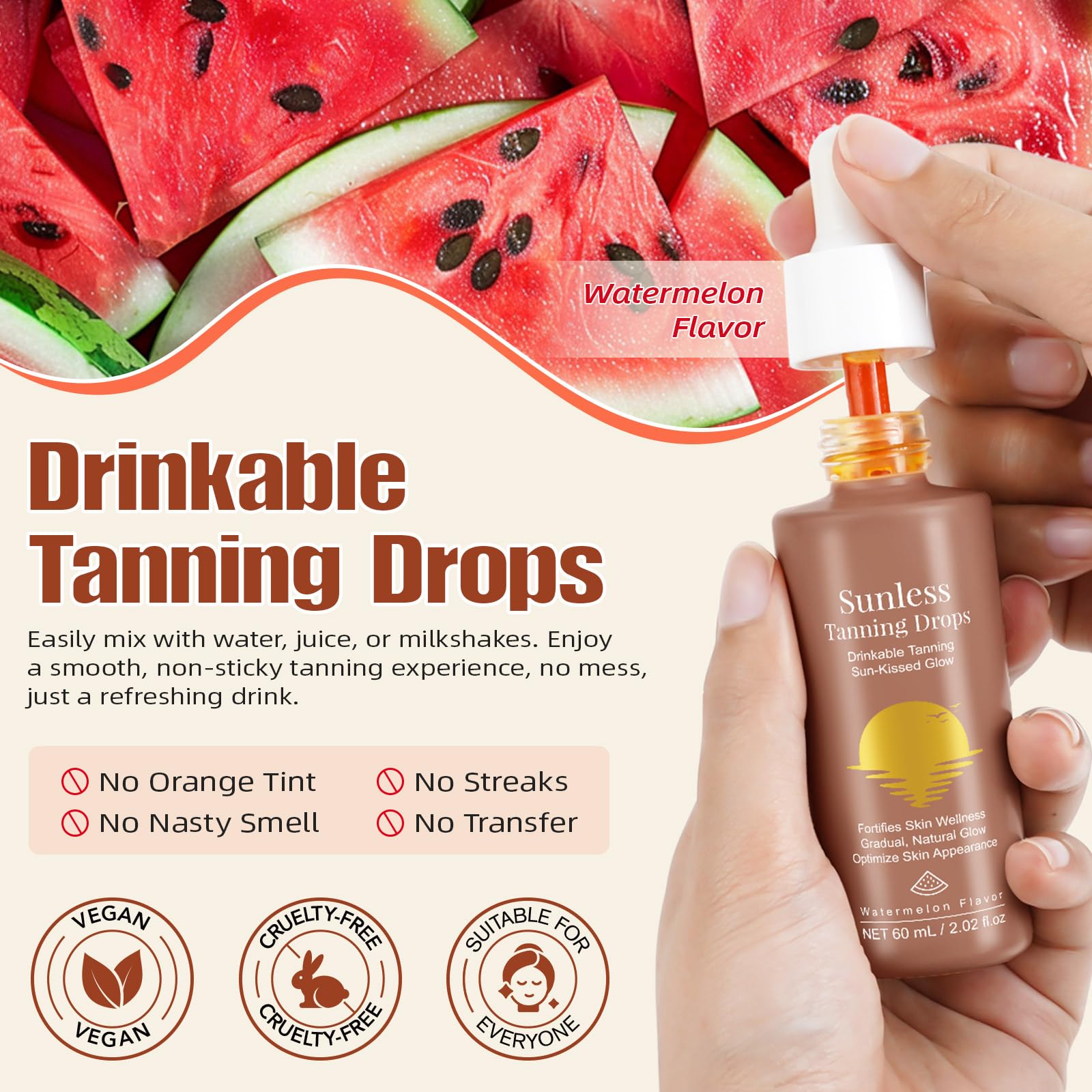 Gotas de bronceado sin sol para beber, gotas de bronceado sin sol 2025, mejora tu tono natural de piel para un brillo genuino y bañado por el sol, gotas nutritivas autobronceadoras de 60 ml (2