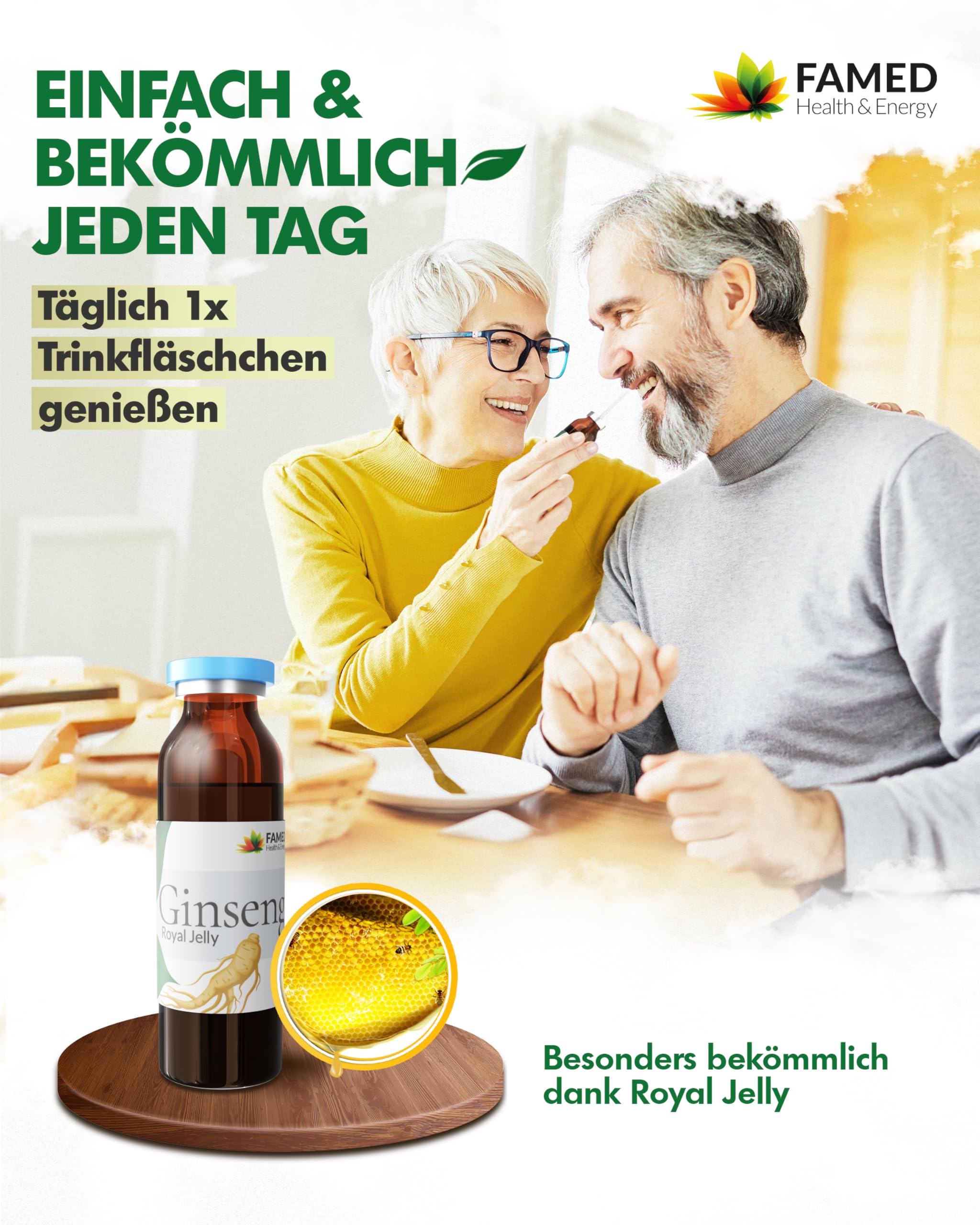 Ginseng Royal Jelly by FAMED – 30 Trinkampullen – reduziert Müdigkeit & stärkt das Immunsystem – 100% natürliche Inhaltsstoffe, hochdosiert & laborgeprüft