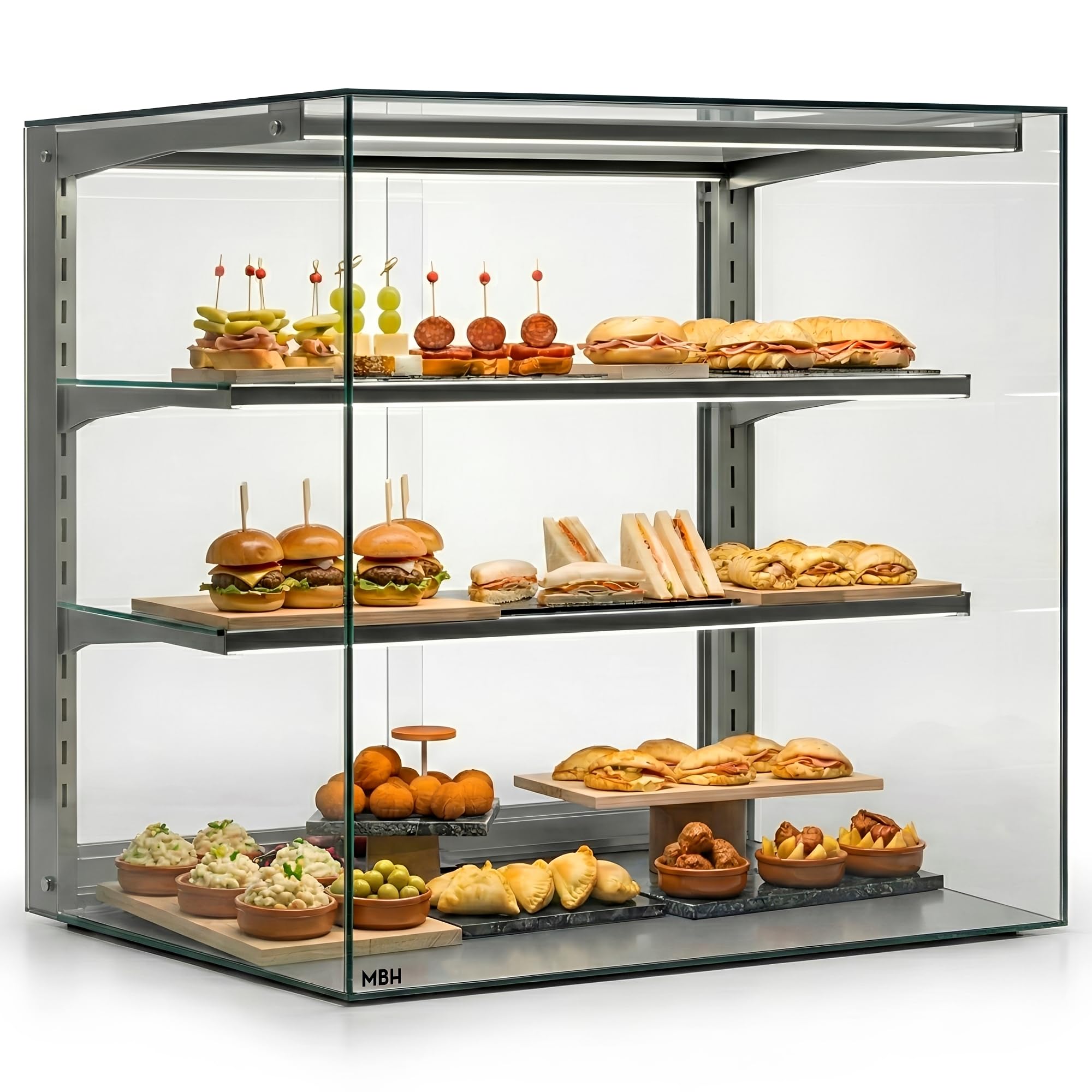 MBH - Vitrina de sobremesa 600 mm con 2 estantes y Gran visión para hostelería. Expositor Profesional de Cristal para bollería, panadería y Bar.