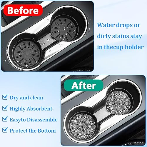 Miniatura 4 de Portavasos para automóvil, diseño de mandala, paquete de 2 unidades para portavasos absorbentes, inserto antideslizante universal, portavasos de