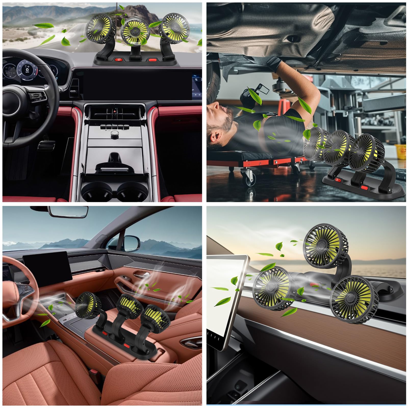 Baceyong 5V/12V/24V Ventola di raffreddamento per auto a tre teste con porta accendisigari/USB per camion, furgone, SUV, camper, barca, rotazione verticale regolabile a 360 ° orizzontale a 180 °