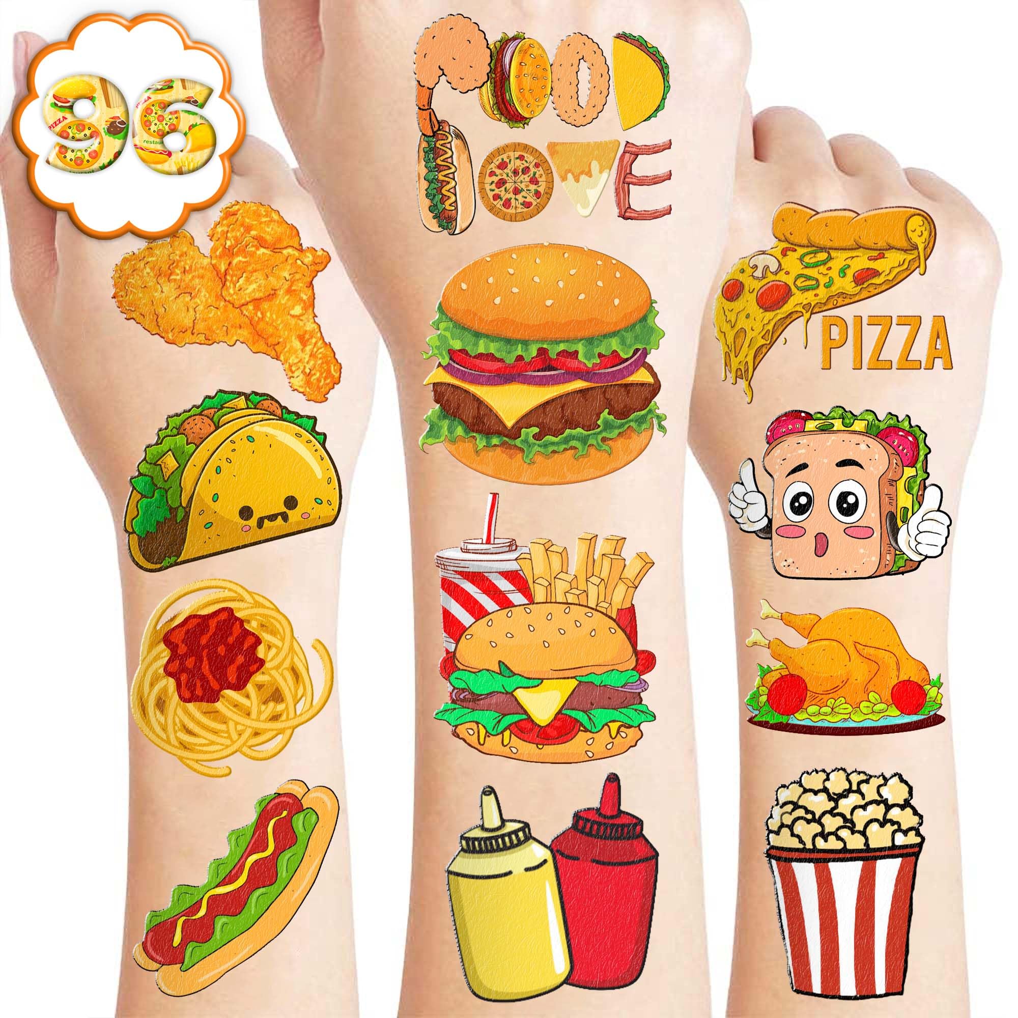 96PCS Junk Food Temporary Tattoos – Fast Food Theme Birthday Party Favors, Fried Food Stickers with Hot Dog Chicken Popcorn for Kids, School Gifts, Supplies, Prizes, Rewards