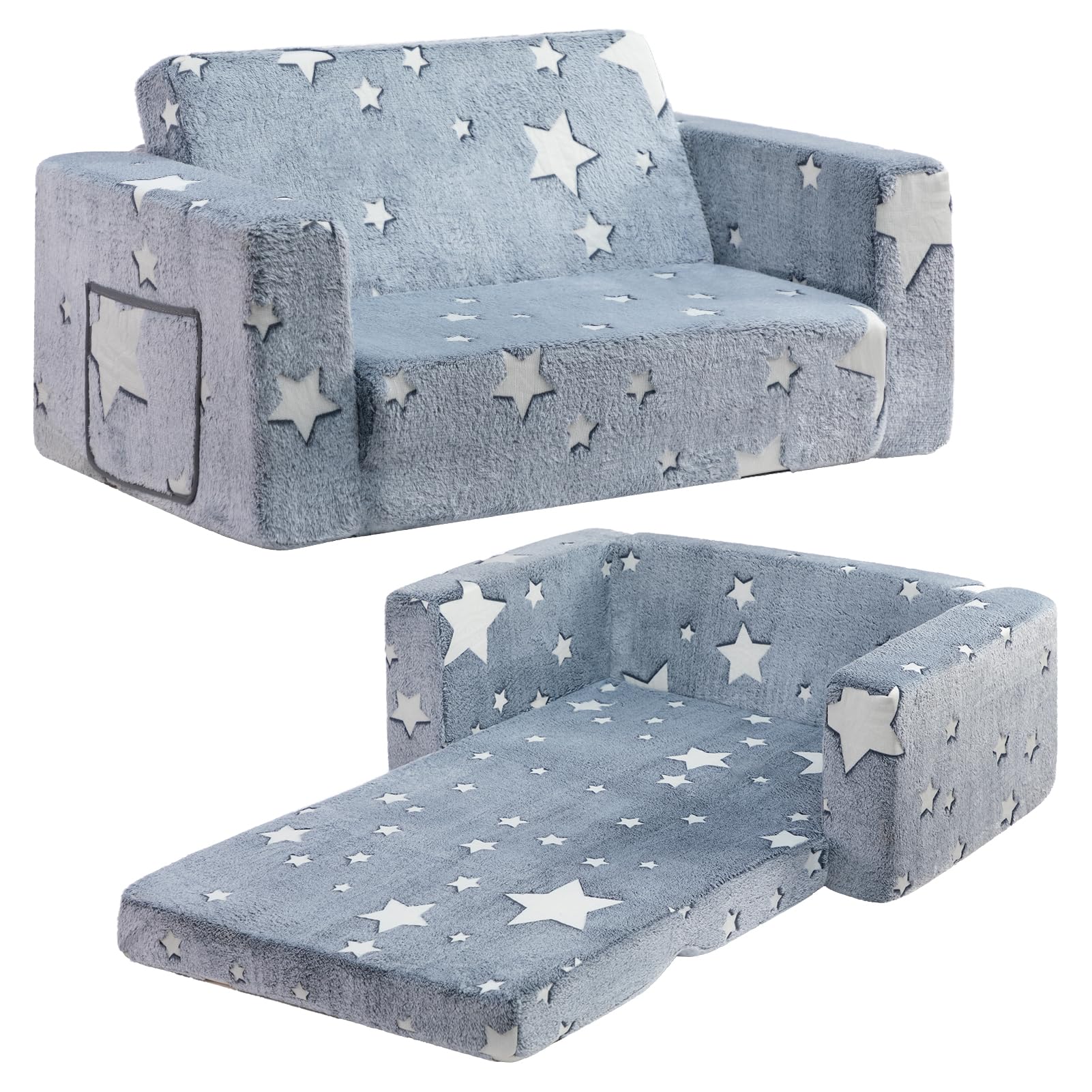 BEJOY Divano letto per bambini, extra largo, 2 in 1, morbido, sherpa, pieghevole, convertibile, per ragazze e ragazzi, stella luminosa