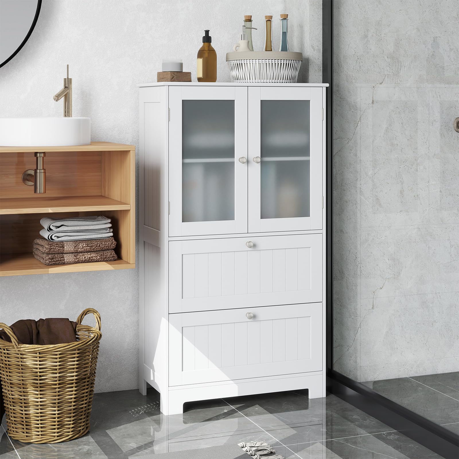 GOPLUS Meuble Salle de Bain, 60 x 30 x 108 CM, Colonne Salle de Bain avec 2 Portes en Verre Trempé, Plateau Grand, 2 Tiroir Coulissant, Étagère Réglable sur 3 Niveaux, Idéal pour Salon, Cuisine, Blanc