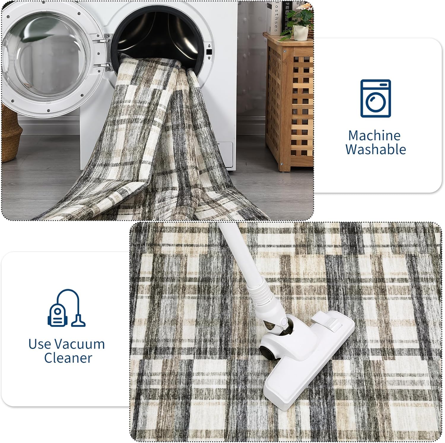 GarveeHome 2x6 Washable Rugs for Bedroom Bedside Distressed Modern Plaid Rug for Entryway Living Room Non Slip Neutral Office Carpet Stain Resistant Farmhouse Floor Cover Grey Blue and Beige