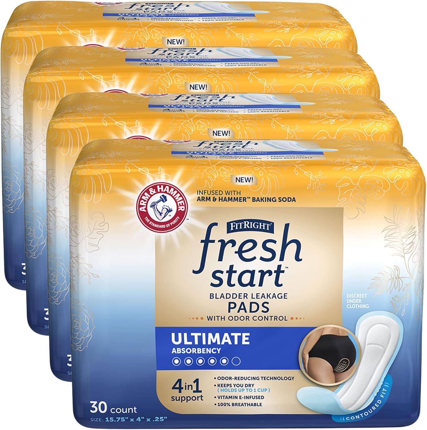 FitRight Fresh Start Postpartum and Incontinence Pads for Women, Ultimate Absorbency (120 Count) Bladder Leakage Pads with The Odor-Control Power of ARM & HAMMER (30 Count, Pack of 4) 30 Count (Pack of 4)
