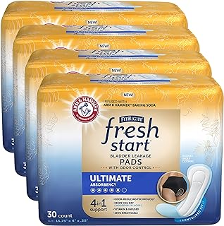 FitRight Fresh Start Postpartum and Incontinence Pads for Women, Ultimate Absorbency (120 Count) Bladder Leakage Pads with The Odor-Control Power of ARM & HAMMER (30 Count, Pack of 4)