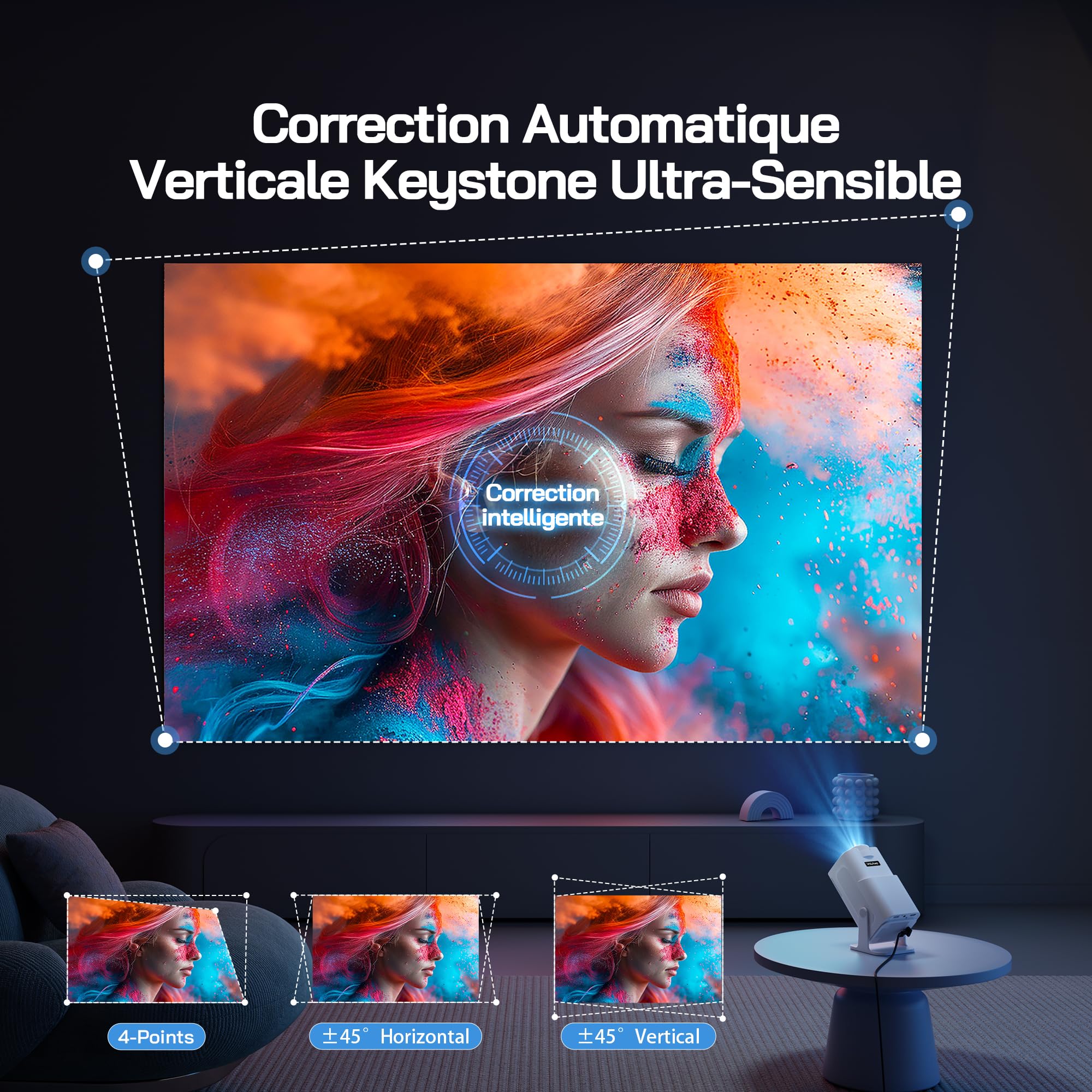 WOLFANG 4K Videoprojecteur【Application Intégrée/Netflix Officiel】, 26000 Lumen Retroprojecteur avec WiFi 6, Zoom 50%, 180° Rotation Mini Projecteur pour Home Cinema/TV Stick/iOS/Android/PC/PS5/HDMI/AV