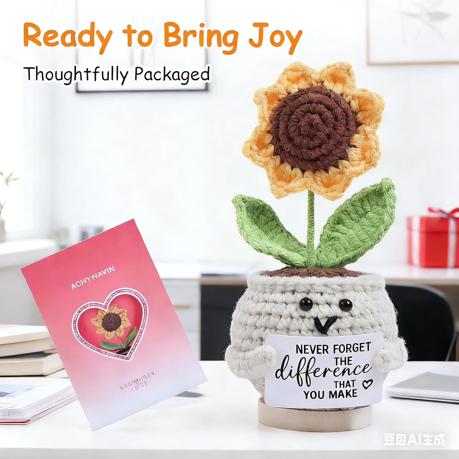 Positive Handmade Sunflower Crochet Doll - Emotional Support Gifts for Teacher, Best Friend - Farewell Gift for Coworker,Boss,Nurse- Birthday, Christmas, Thank You Presents for Women, Men,Mom,Dad - Image 4