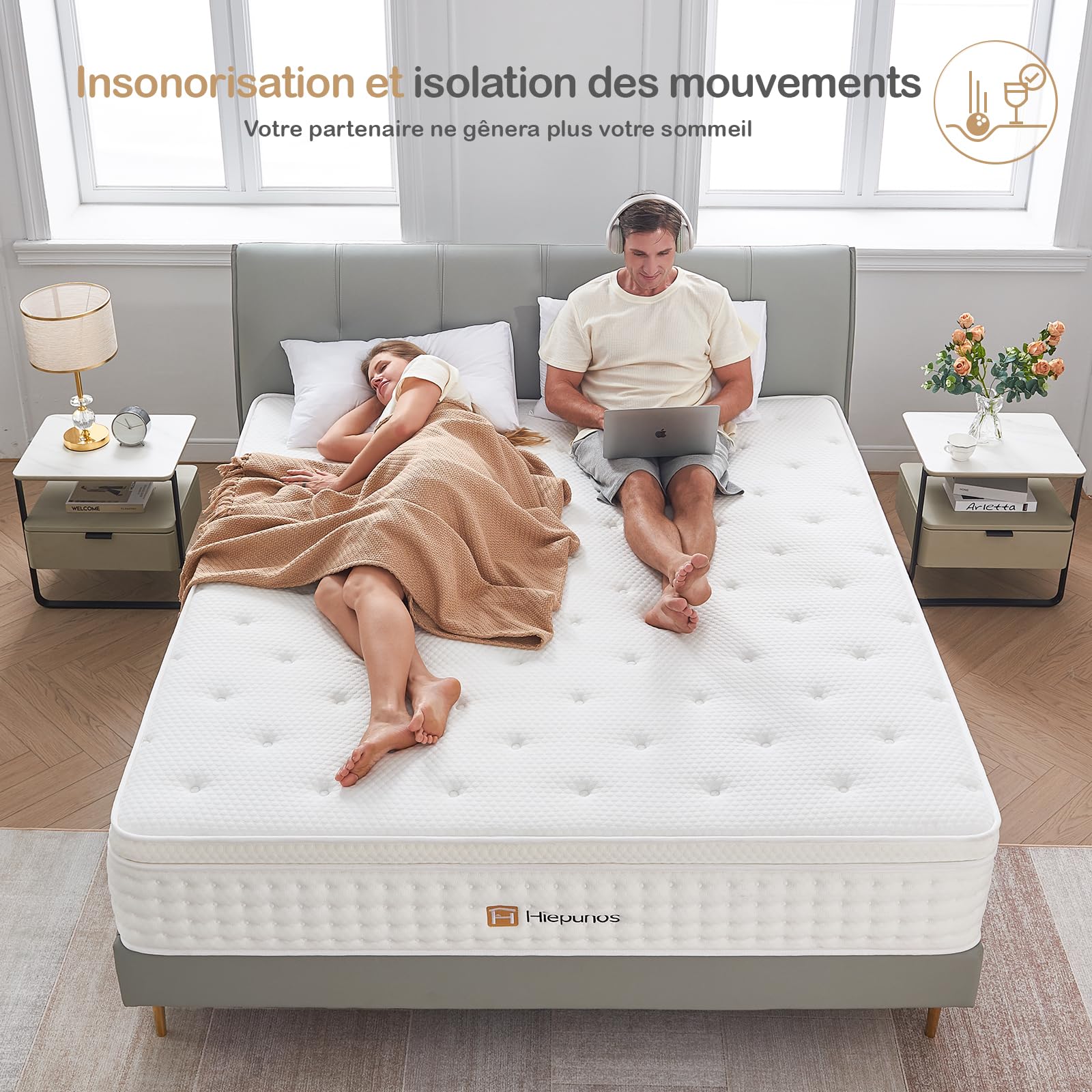 Hiepunos Matelas 140x200 cm, Épaisseur 26cm, Matelas à Ressorts Ensachés et à Mémoire de Forme, Matelas Hybride, 7 Zones de Confort, H3 Moyenne Ferme, Soutien Parfait, Respirant