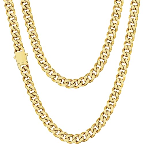 Fiusem Valentines Day Gifts for Him Silver Tone/Black/14K Gold Plated Chain Necklace for Men, 5mm/6mm/7.5mm/8mm/9mm Stainless Steel Cuban Link Chain Necklace, Men's Chains 18-28 Inch Jewelry Gifts