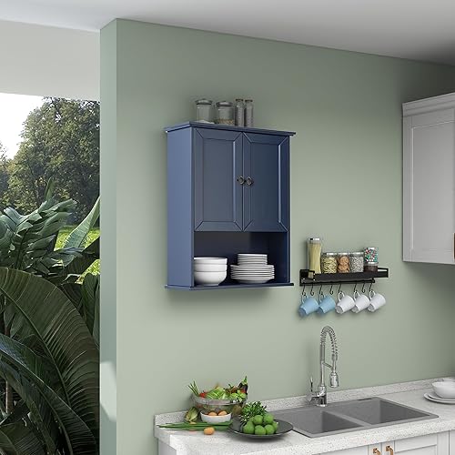 Miniatura 6 de Armario de baño azul montado en la pared, botiquines de madera sobre inodoro, gabinete de almacenamiento de 24 x 30 pulgadas, gabinete de pared