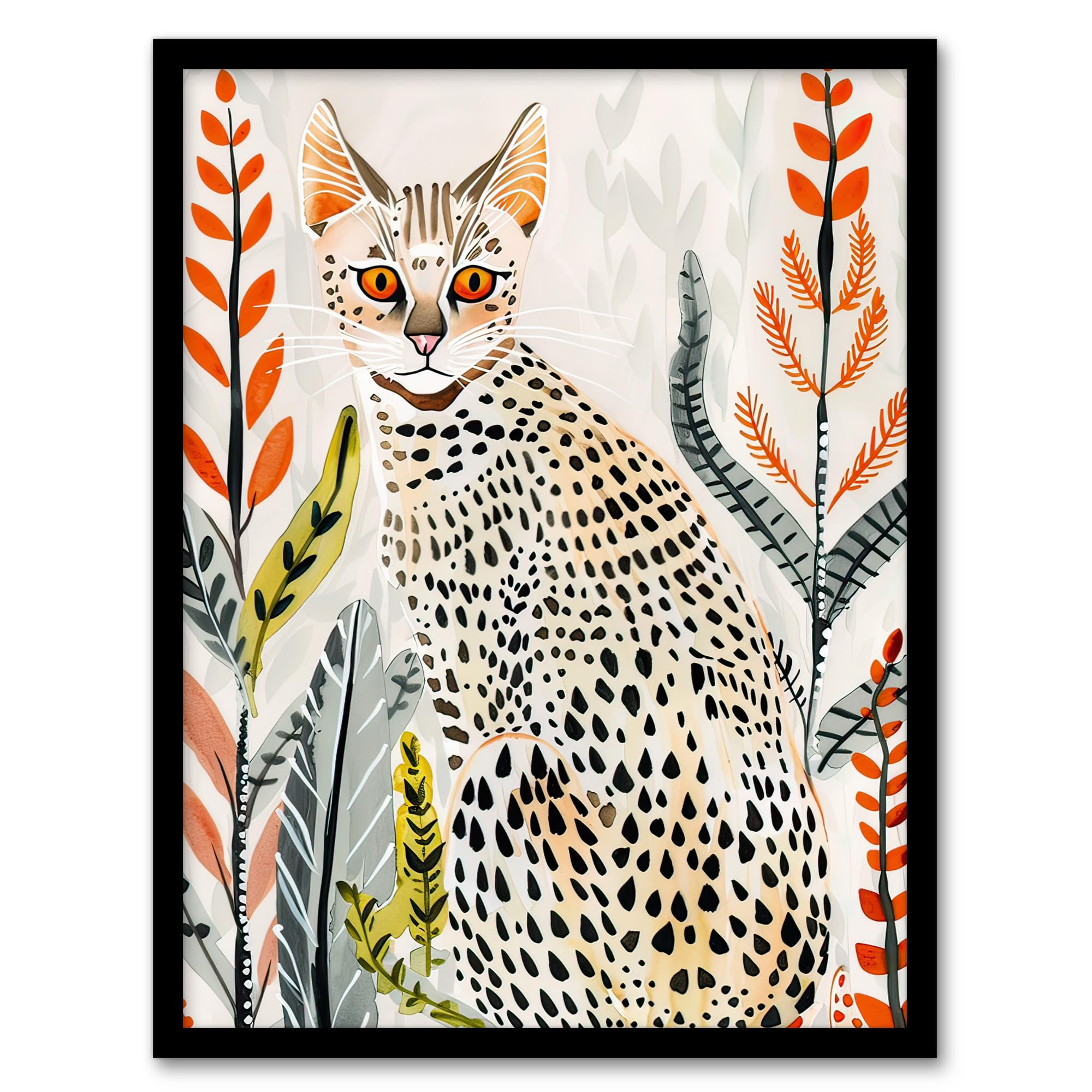 Artery8 Savannah Cat Lover Boho Botanical Pet Portrait Living Room Artwork Framed Wall Art Print A4