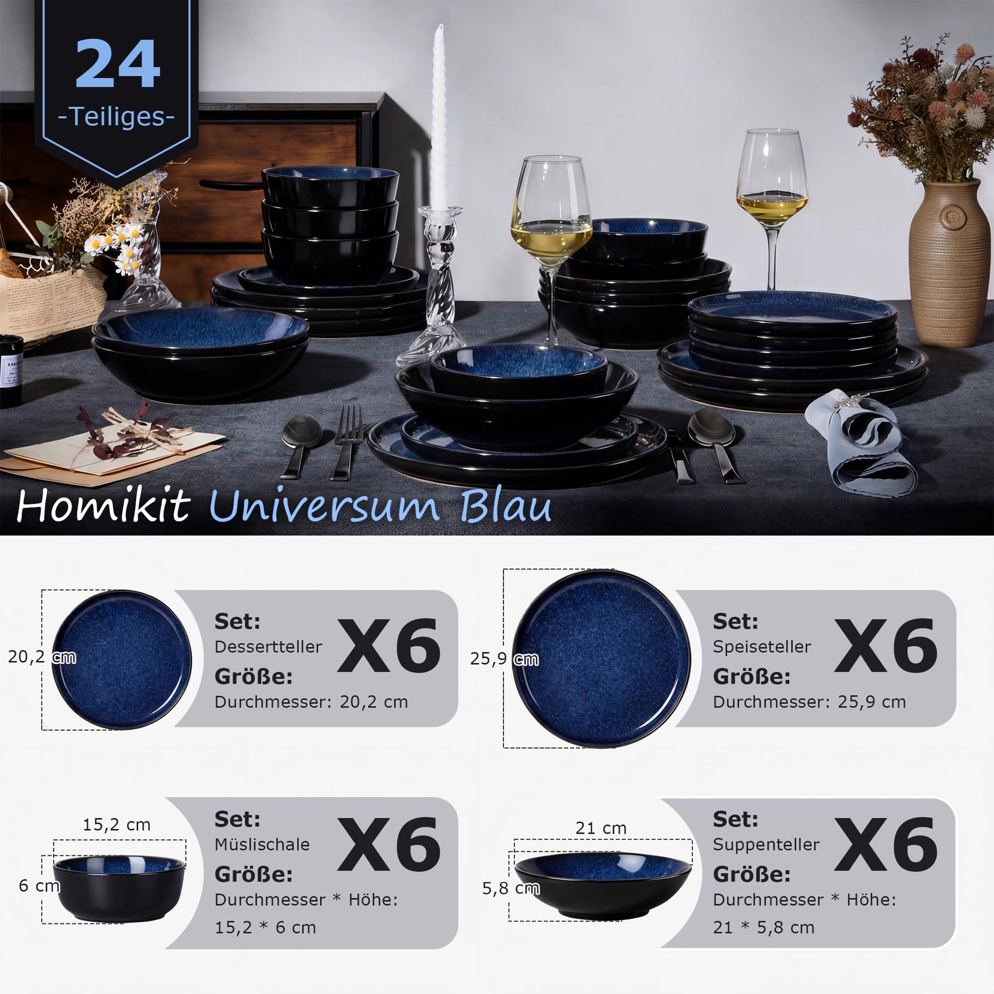Homikit Set di stoviglie da 6 persone, set da 24 pezzi, in gres, in gres reattivo, con piatti piani, piatti da dessert, piatti fondi, ciotole per cereali, forno a microonde e lavabile in lavastoviglie