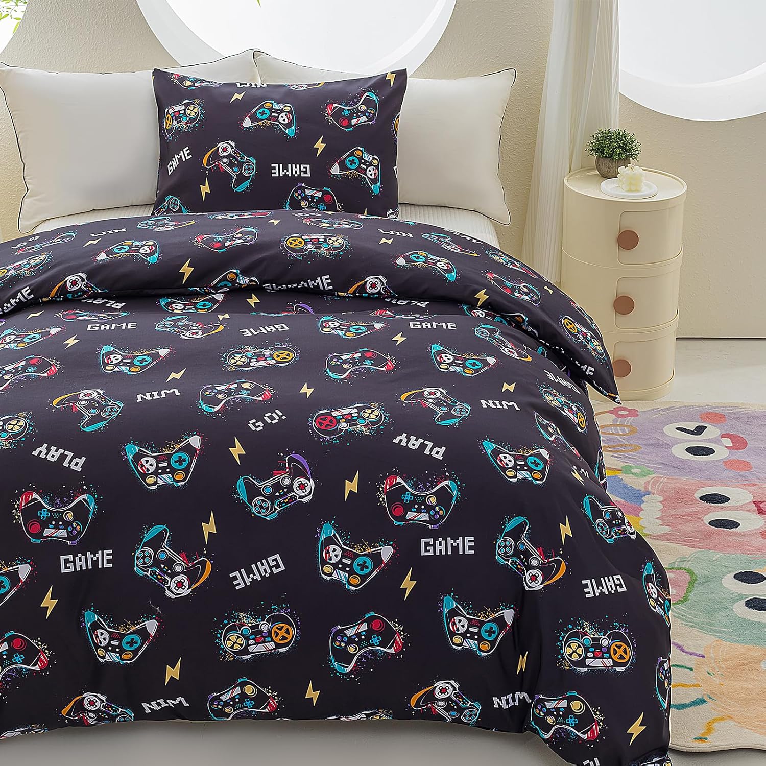 Black Gamer Twin Duvet Cover Set, 2-Piece Soft Reversible Comforter Cover for Boys with Pillowcase, Hidden Zipper Closure (Comforter Not Included)