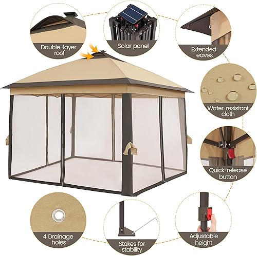 Miniatura 5 de Yaheetech Carpa instantánea desplegable de 11 x 11 pies con 17 luces LED solares y red de malla con cremallera, refugio al aire libre con sacos