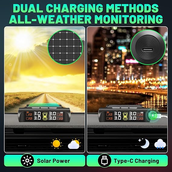 TPMS Tyre Pressure Monitoring System, Solar/USB Charging, Luminous Sensors, 5 Alerts, Auto on/off, for RV, Sedan, SUV, MPV, Motorhom, Trailer,etc, 4 External Sensors（3.5bar）