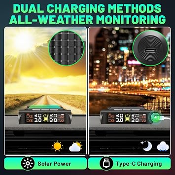 TPMS Tyre Pressure Monitoring System, Solar/USB Charging, Luminous Sensors, 5 Alerts, Auto on/off, for RV, Sedan, SUV, MPV, Motorhom, Trailer,etc, 4 External Sensors(3.5bar)