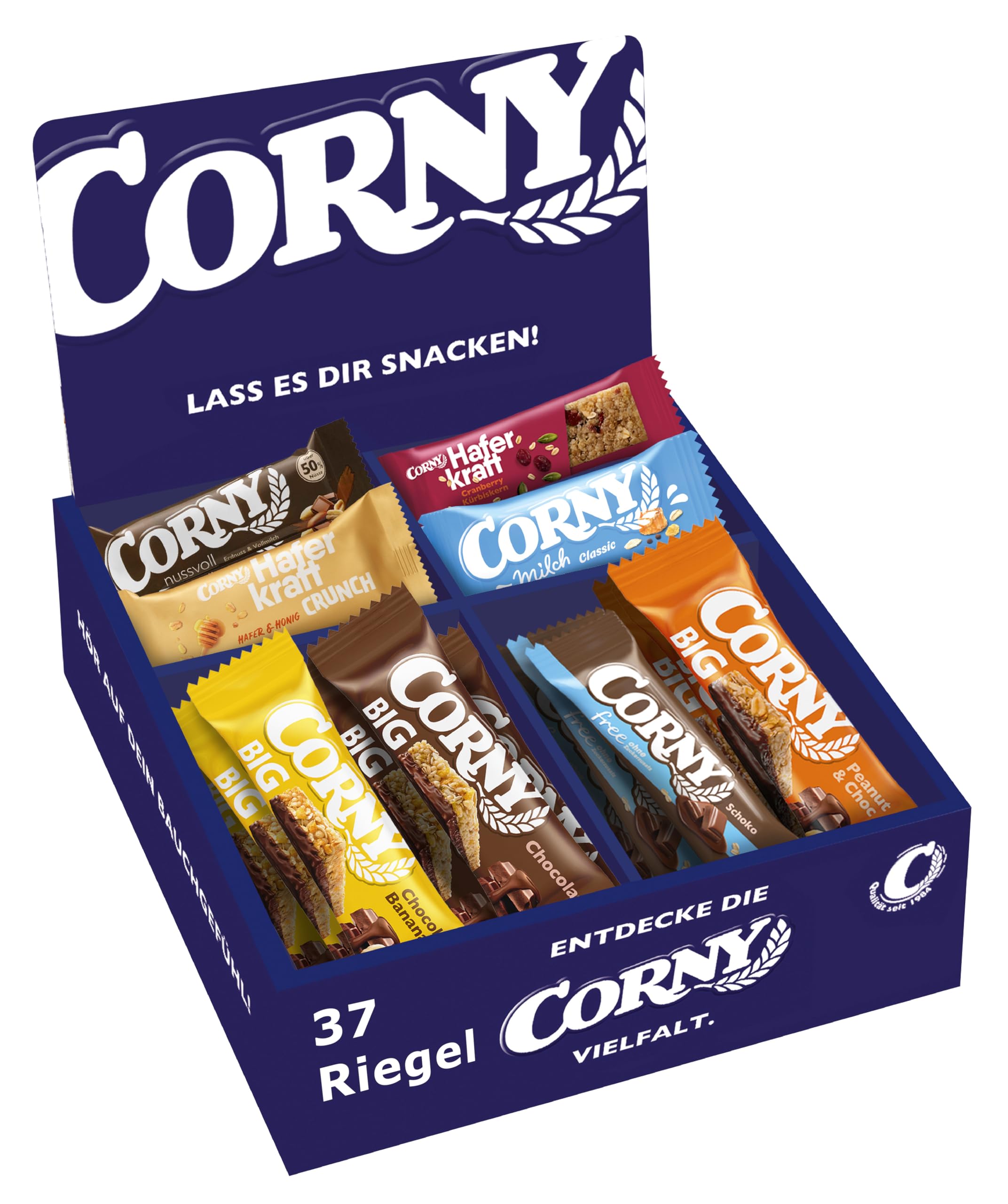 Corny Mix Box | Müsli-, Haferriegel und Nussriegel Thekendisplay | Office Verpflegung | 37 Riegel | 8 Sorten
