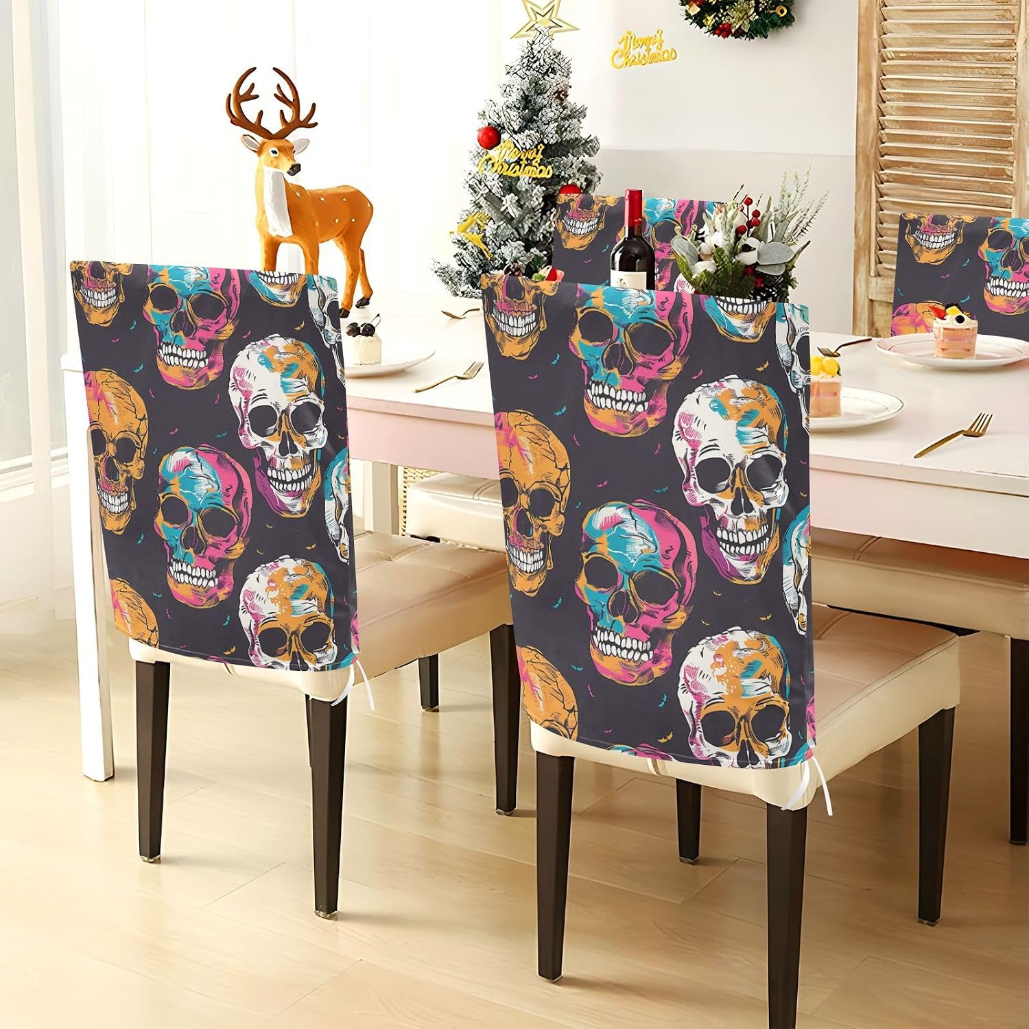 ALAZA Colorful Skulls Chair Back Cover Set of 6, Washable Reusable Removable Chair Slipcovers Decorative Chair Cover for Home Kitchen Wedding Party