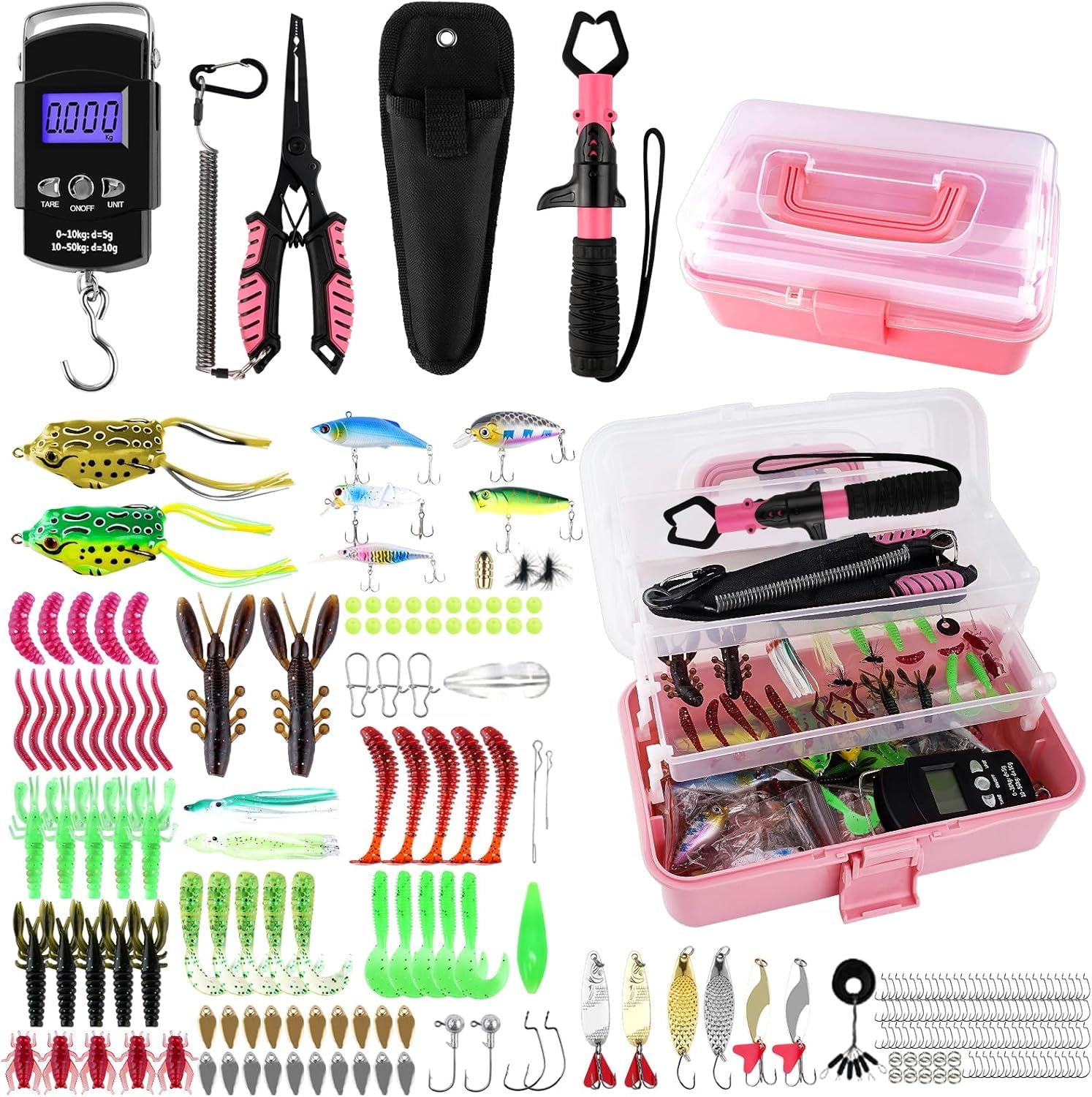 Scatola per attrezzatura da pesca a 3 strati con attrezzatura inclusa, kit di attrezzi da pesca include pinze per labbro di pesce, bilancia Crankbait Spinnerbaits Soft Baits Hooks, regalo ideale per