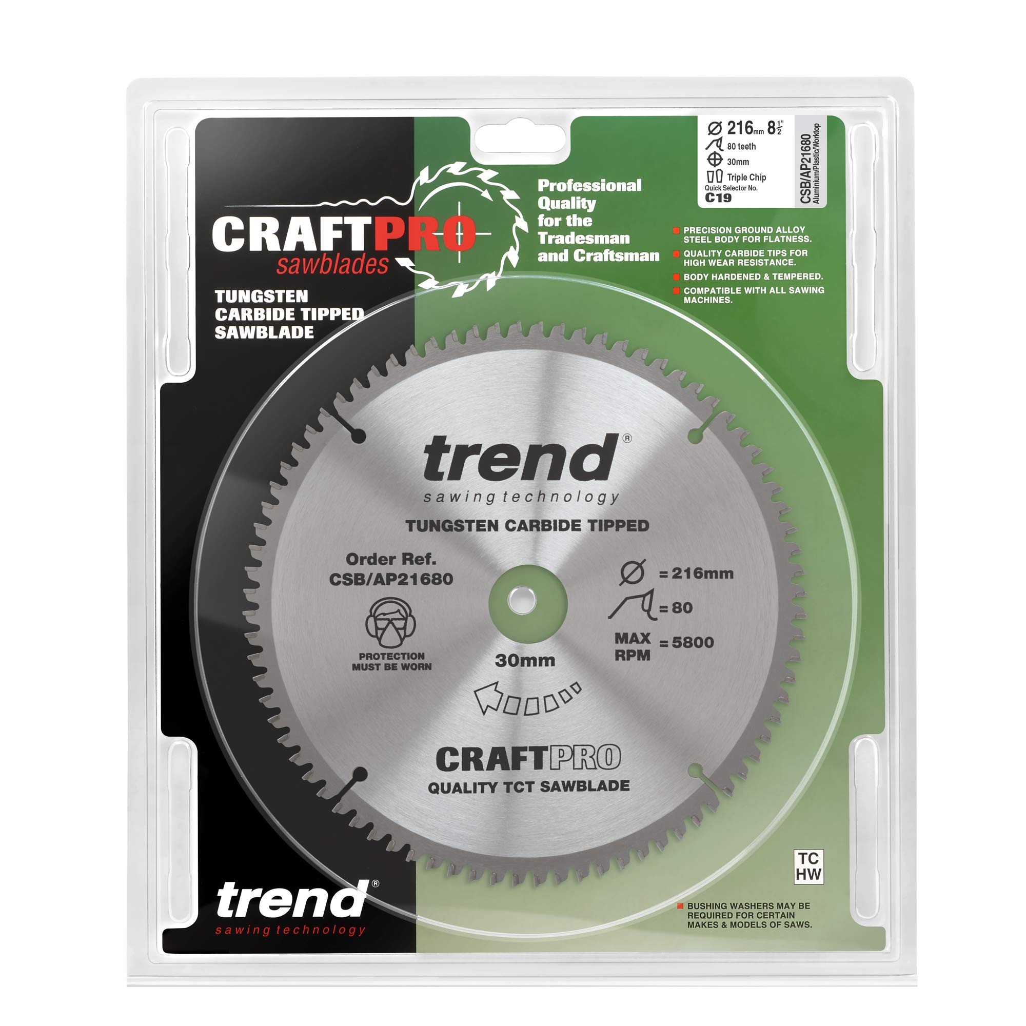Trend Disco sierra circular TCT aluminio/plástico 216mm 80d 30mm | Corte fino en aluminio y plástico; hoja TCT 80 dientes con -6° gancho y 30mm, CSB/AP21680