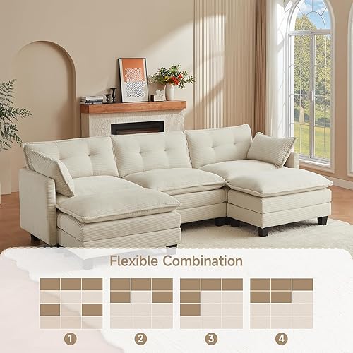 Miniatura 7 de Sofá Seccional Modular, 111.5" en Forma de U de Pana Cómodo Sofás Seccionales para Sala de Estar, Sofás Nube de 3 Plazas con 2 Otomanas Móviles,