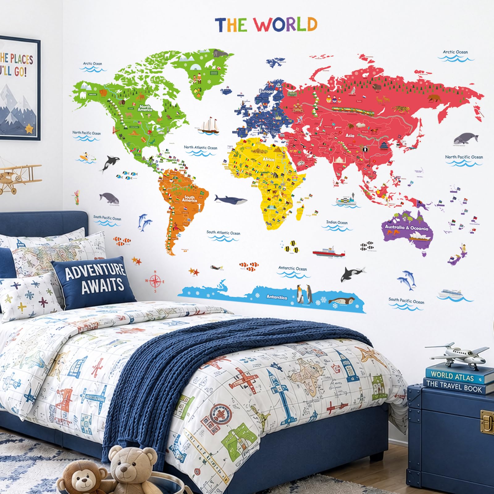 DECOWALL DL3-2212 Kolorowa mapa świata Naklejki ścienne dla dzieci Naklejki ścienne Peel and Stick Zdejmowane naklejki ścienne dla dzieci Przedszkole Sypialnia Salon