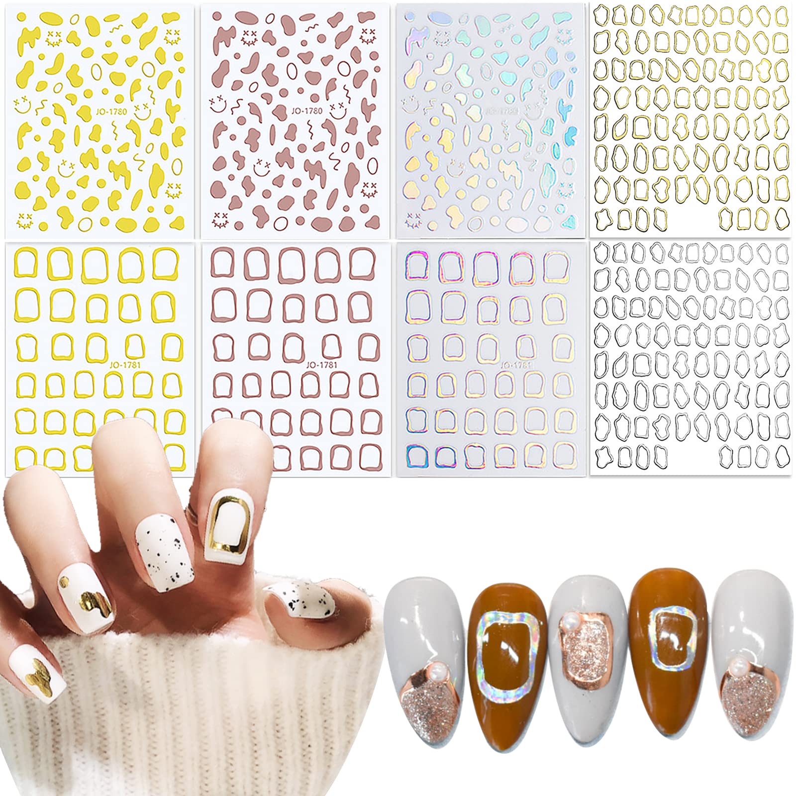 8 Sheets Nail Art Stickers, Self-Adhesive Nail Stickers Design Geometry Spot Circle Square Nail Decals for Nail Art Silver Gold Nail Art Decoration for Women Girls Nail Art Accessories(B)