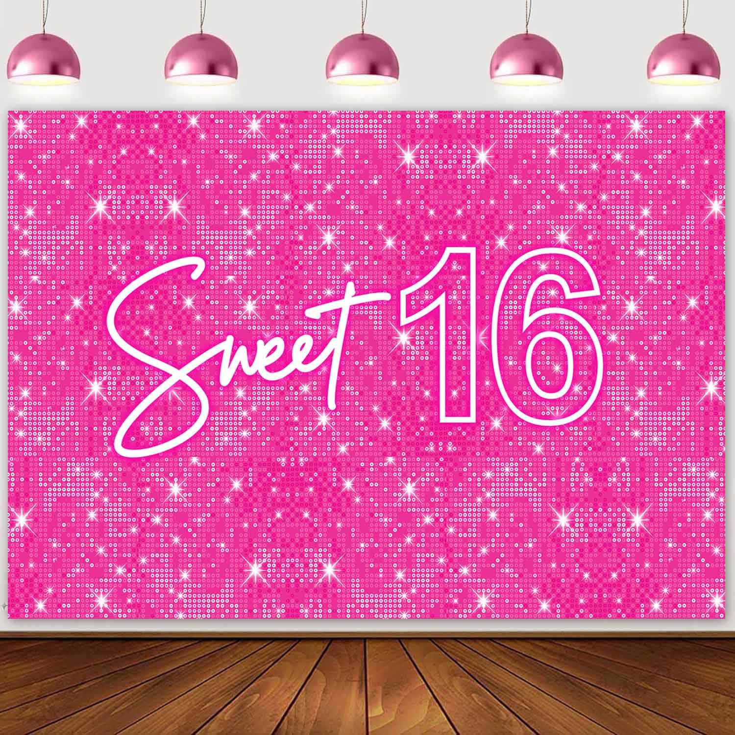 Sensfun Shiny Pink Sweet 16 Backdrop for Photoshoot 16th Birthday Party Banner Shimmer Wall Sequins Photography Background Girls Sweet Sixteen Party