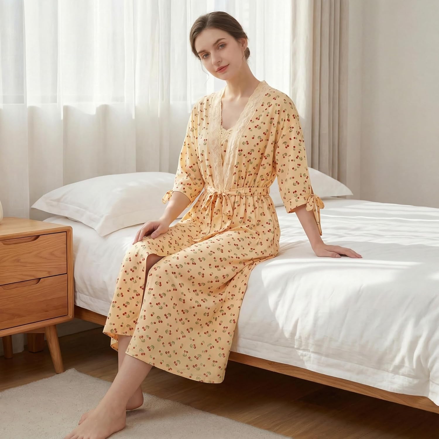 Women Lightweight Long Summer Bathrobe V-Neck Lace Trim Robe Cherry Print 7/8 Sleeve Waist Tie Soft Loungewear