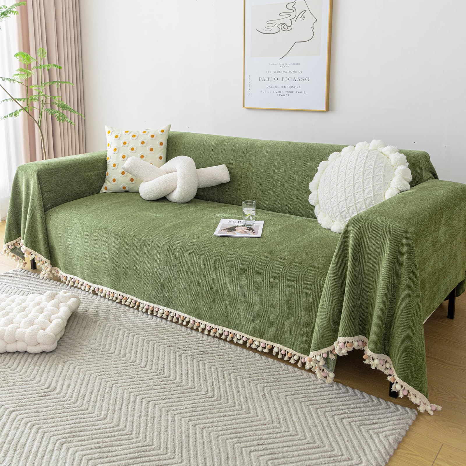VanderHOME Sofa Blanket Pure Colour - Blanket for Sofa, Sofa Cover, Soft Blanket with Decorative Tassels, Breathable and Lightweight for Sofa, Bed and Travel 230 * 420cm-Matcha Green