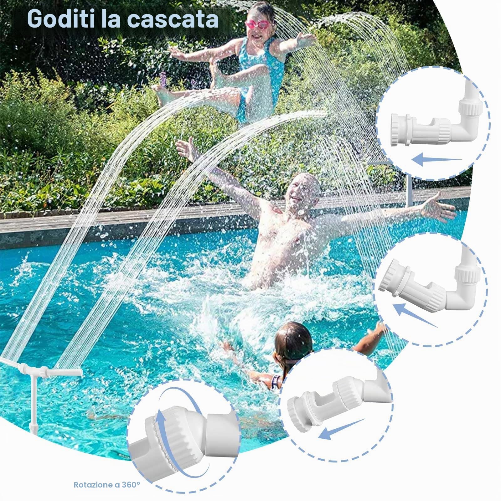 Fontana per Piscina con Doppia Testa a Cascata, Rotazione a 360°, Direzione del Flusso d'Acqua Regolabile, per Piscine Fuori Terra/Sotterranee, Spruzzatore a Cascata per Giardini Esterni Decorativi