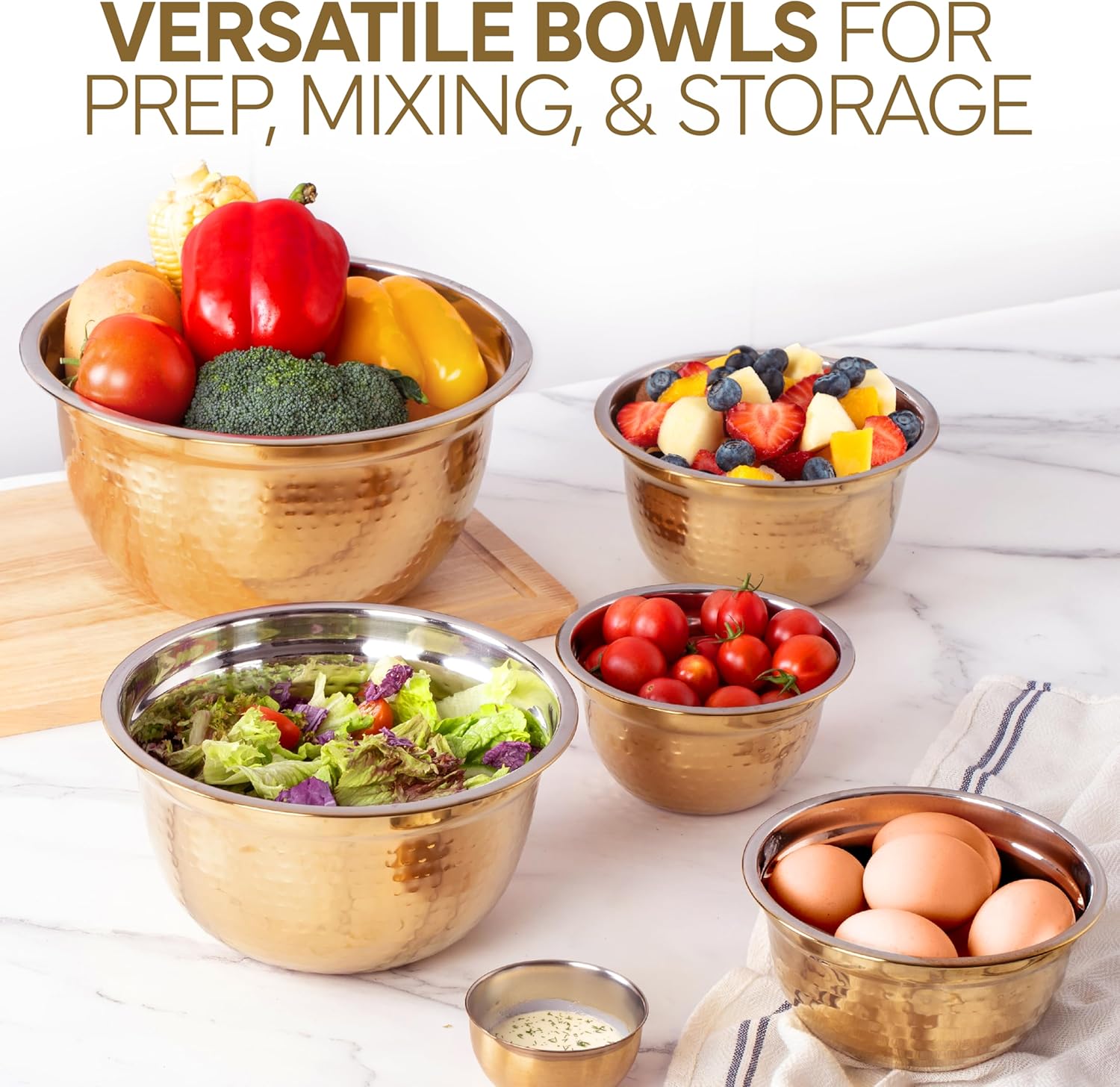 COOK WITH COLOR 18 Piece Mixing Bowls Set with Airtight Lids, Handcrafted Stainless Steel Bowls, Food Storage Containers, Meal Prep, Nesting Salad Bowls For Cooking, Baking, Kitchen, Gold- Hammered - Image 6