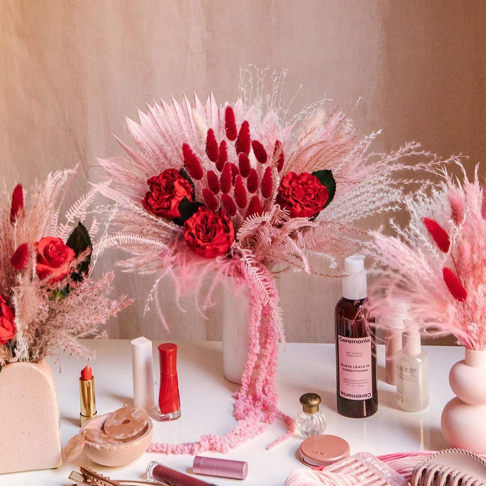 HUAESIN 120PCS Fiori Secchi Coda di Coniglio Erba della Pampas Naturali Bouquet Fiori di Pampas Erba Coda di Coniglio Rosso Pampas Decorative Secche per Casa Tavolo Festa